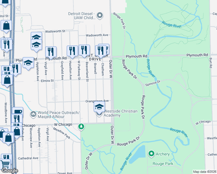 map of restaurants, bars, coffee shops, grocery stores, and more near 10050 Chatham in Detroit