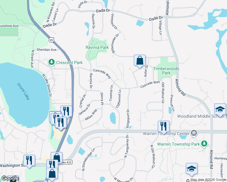 map of restaurants, bars, coffee shops, grocery stores, and more near 7612 Cascade Way in Gurnee