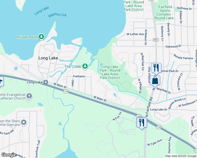 map of restaurants, bars, coffee shops, grocery stores, and more near 1580 West Sand Bar Court in Round Lake Beach