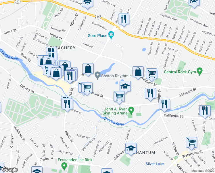 map of restaurants, bars, coffee shops, grocery stores, and more near 20 Manley Way in Watertown