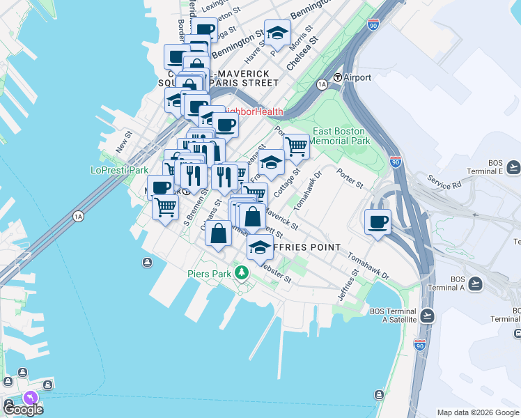 map of restaurants, bars, coffee shops, grocery stores, and more near 2 McKay Place in Boston