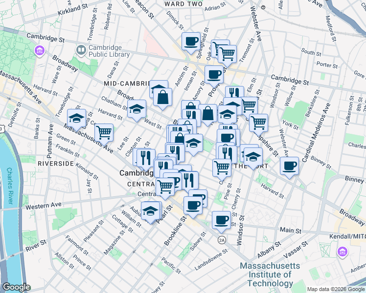 map of restaurants, bars, coffee shops, grocery stores, and more near 149 Prospect Street in Cambridge