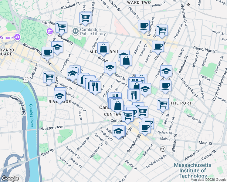 map of restaurants, bars, coffee shops, grocery stores, and more near 21 Clinton Street in Cambridge