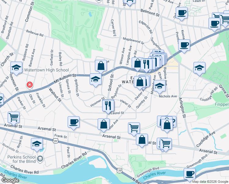 map of restaurants, bars, coffee shops, grocery stores, and more near 210 Boylston Street in Watertown