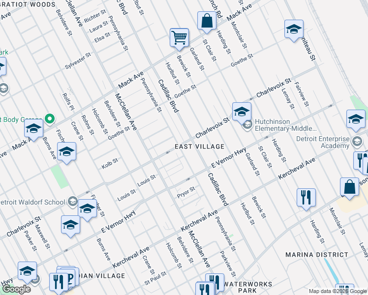 map of restaurants, bars, coffee shops, grocery stores, and more near 2911 Cadillac Boulevard in Detroit
