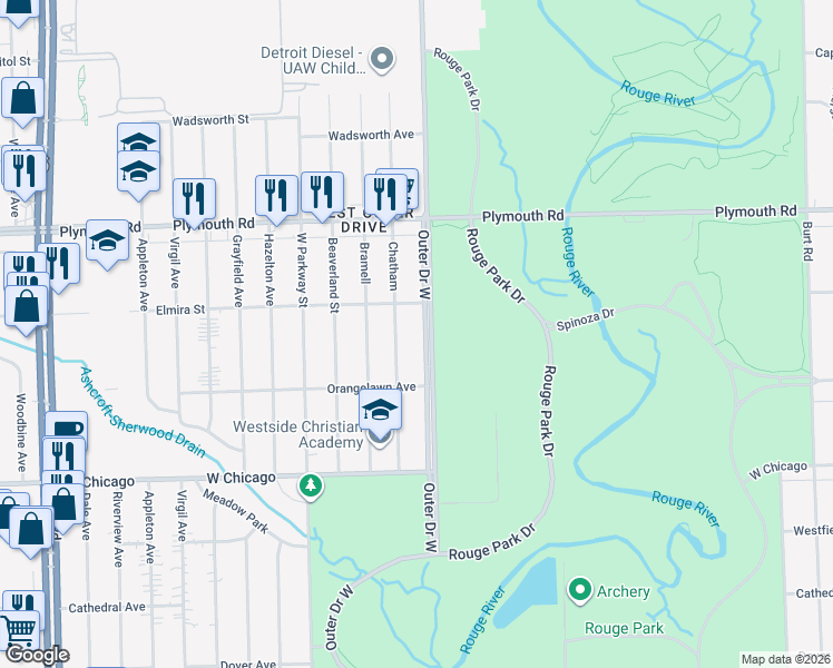 map of restaurants, bars, coffee shops, grocery stores, and more near 10050 Chatham in Detroit