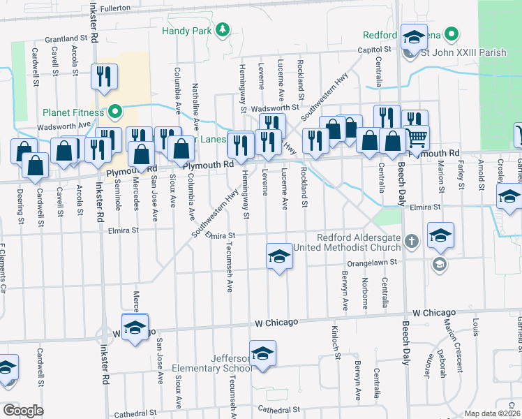 map of restaurants, bars, coffee shops, grocery stores, and more near 11426 Hemingway in Redford Charter Township