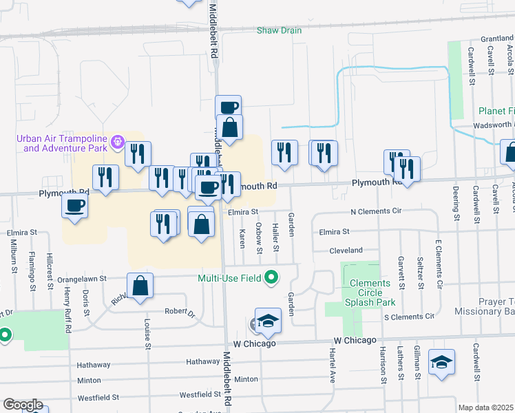map of restaurants, bars, coffee shops, grocery stores, and more near 29199 Plymouth Road in Livonia