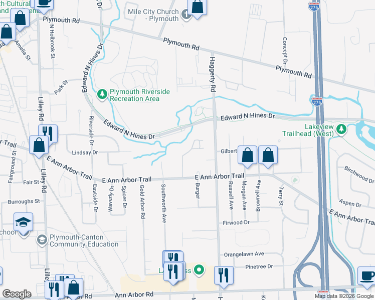 map of restaurants, bars, coffee shops, grocery stores, and more near 11739 Sycamore Road in Plymouth