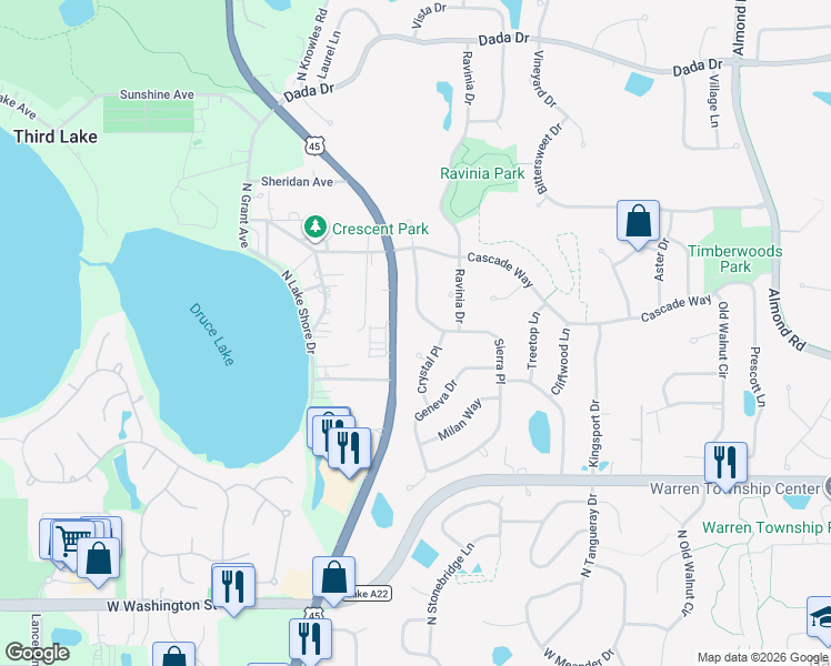 map of restaurants, bars, coffee shops, grocery stores, and more near 692 Sierra Place in Gurnee