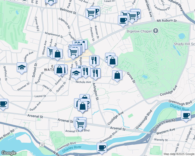 map of restaurants, bars, coffee shops, grocery stores, and more near 191 Arlington Street in Watertown