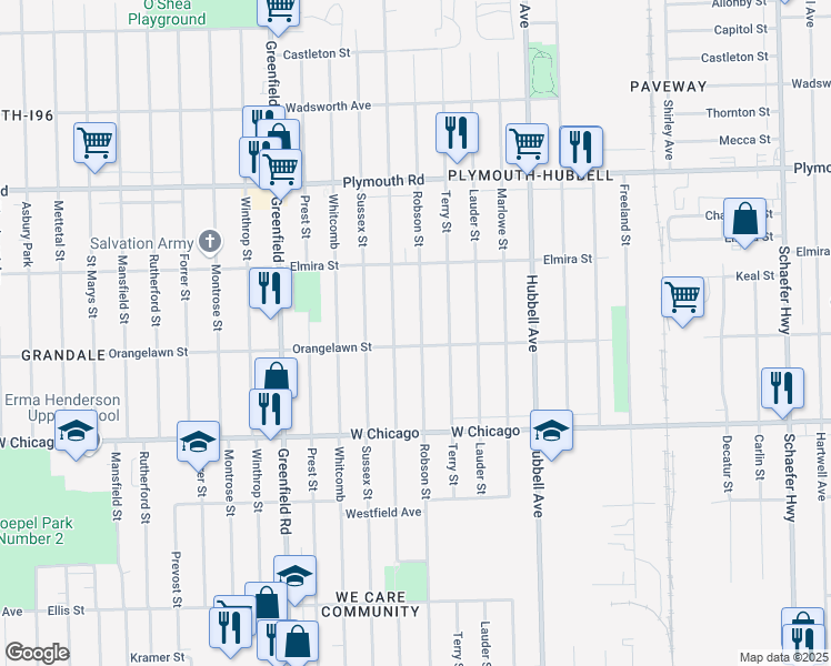 map of restaurants, bars, coffee shops, grocery stores, and more near 9921 Robson Street in Detroit