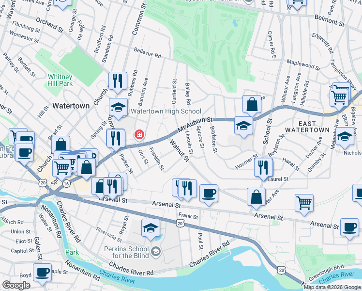 map of restaurants, bars, coffee shops, grocery stores, and more near 253 Massachusetts 16 in Watertown