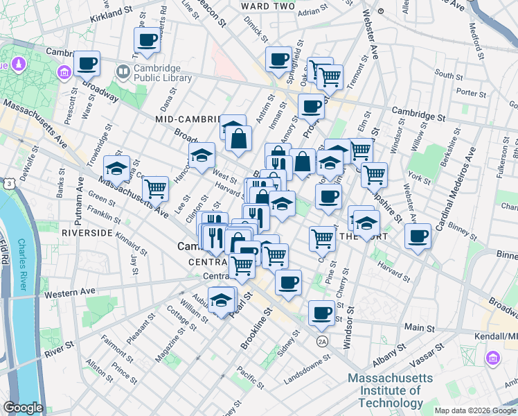 map of restaurants, bars, coffee shops, grocery stores, and more near 262 Harvard Street in Cambridge