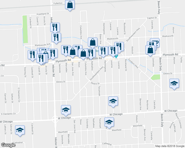 map of restaurants, bars, coffee shops, grocery stores, and more near 26746 Southwestern Highway in Redford Charter Township