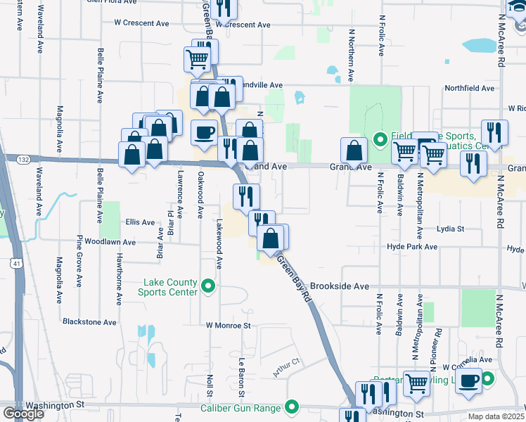 map of restaurants, bars, coffee shops, grocery stores, and more near 601-699 N Green Bay Rd in Waukegan