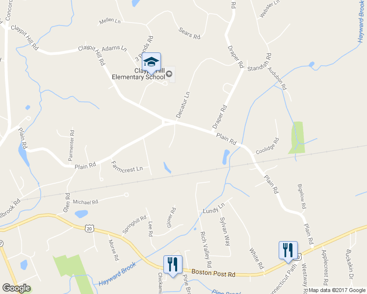 map of restaurants, bars, coffee shops, grocery stores, and more near 101 Plain Road in Wayland