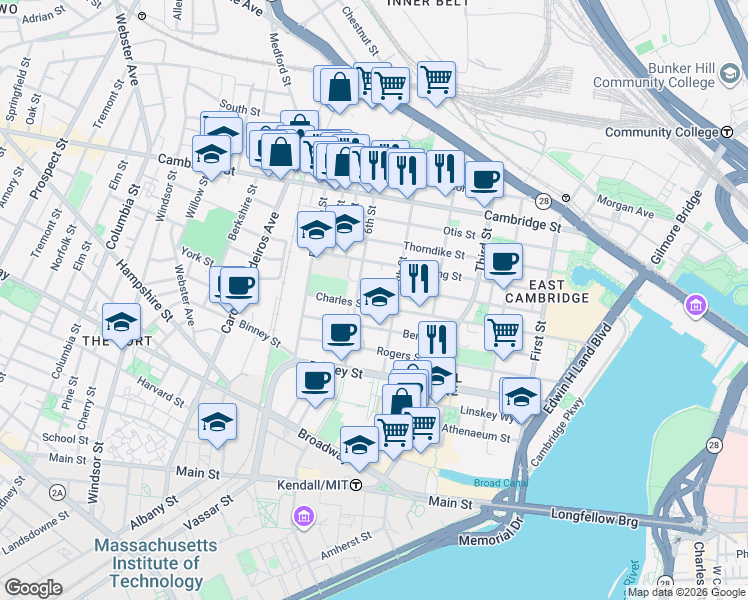 map of restaurants, bars, coffee shops, grocery stores, and more near 223 Charles Street in Cambridge