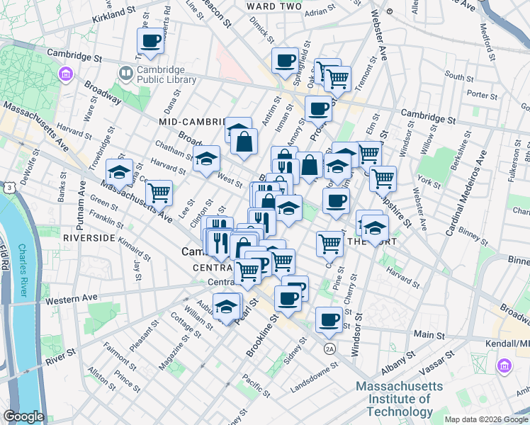 map of restaurants, bars, coffee shops, grocery stores, and more near 260 Harvard Street in Cambridge