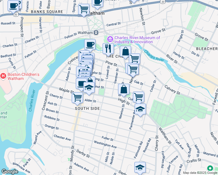 map of restaurants, bars, coffee shops, grocery stores, and more near 111 Chestnut Street in Waltham