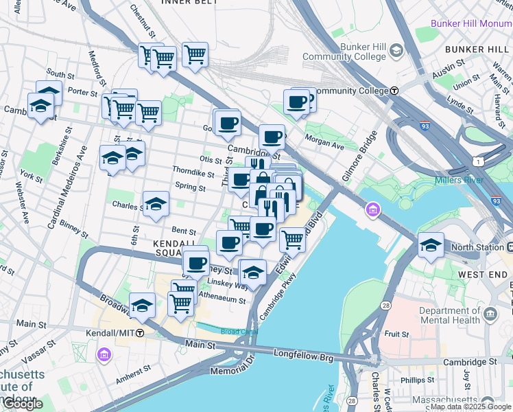 map of restaurants, bars, coffee shops, grocery stores, and more near 30 Spring Street in Cambridge