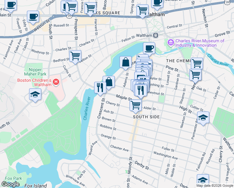 map of restaurants, bars, coffee shops, grocery stores, and more near 9 Chestnut Street in Waltham
