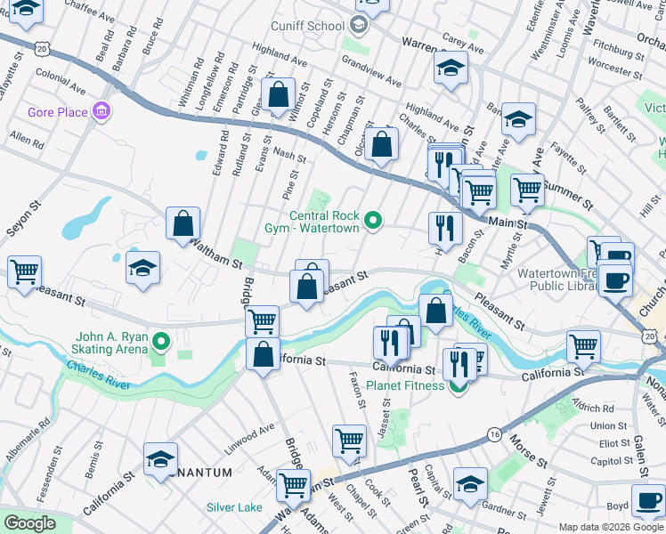 map of restaurants, bars, coffee shops, grocery stores, and more near 12 Midland Road in Watertown