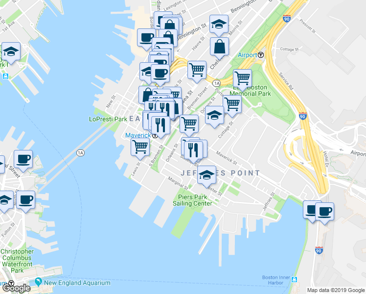 map of restaurants, bars, coffee shops, grocery stores, and more near 15 Everett Street in Boston