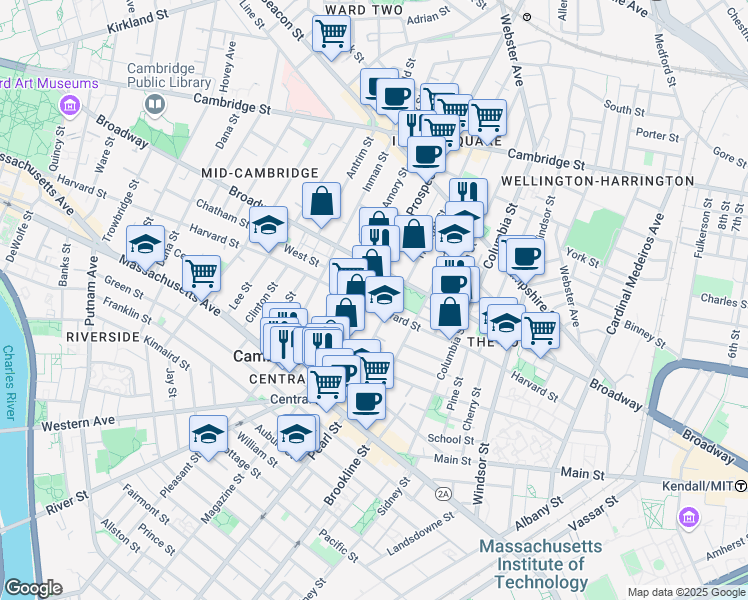 map of restaurants, bars, coffee shops, grocery stores, and more near 149 Prospect Street in Cambridge