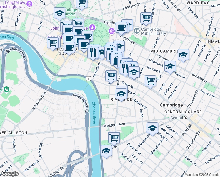 map of restaurants, bars, coffee shops, grocery stores, and more near 69 Bank Avenue in Cambridge