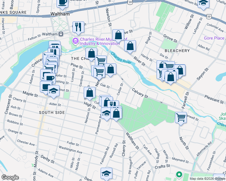map of restaurants, bars, coffee shops, grocery stores, and more near 13-15 Cedar Street in Waltham
