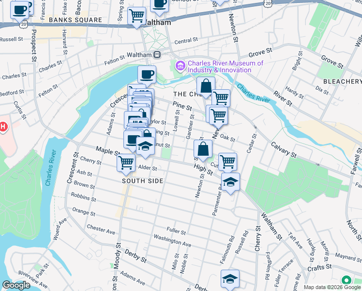 map of restaurants, bars, coffee shops, grocery stores, and more near 79 Cushing Street in Waltham