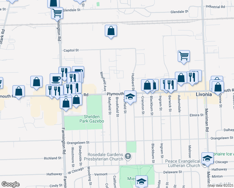 map of restaurants, bars, coffee shops, grocery stores, and more near 32510 Plymouth Road in Livonia
