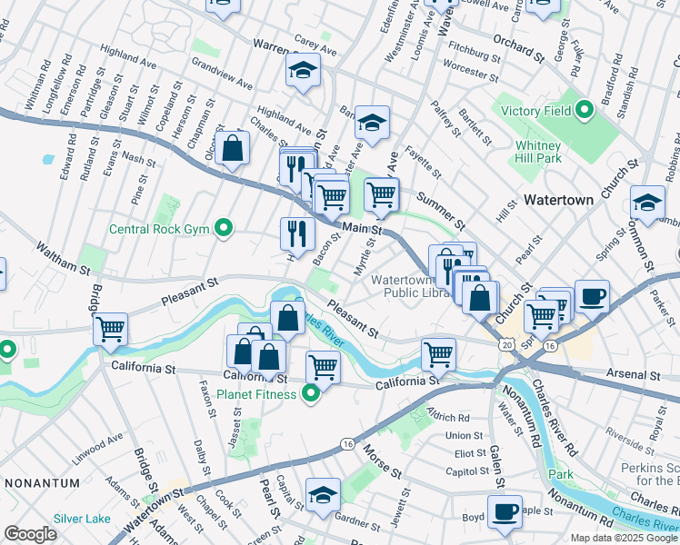 map of restaurants, bars, coffee shops, grocery stores, and more near 26 French Street in Watertown