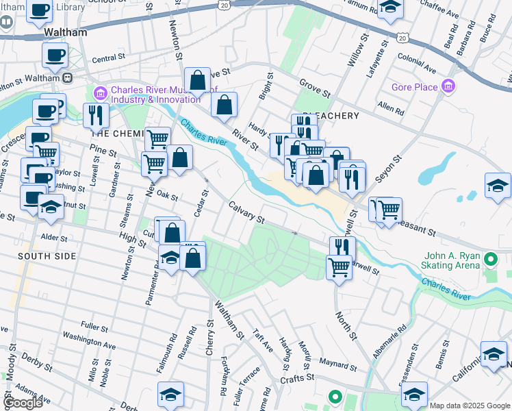 map of restaurants, bars, coffee shops, grocery stores, and more near 118 Calvary Street in Waltham