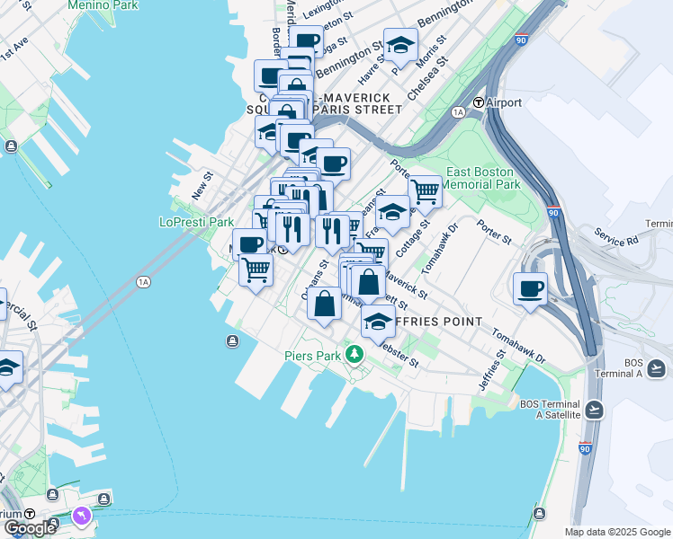 map of restaurants, bars, coffee shops, grocery stores, and more near 89 Orleans Street in Boston