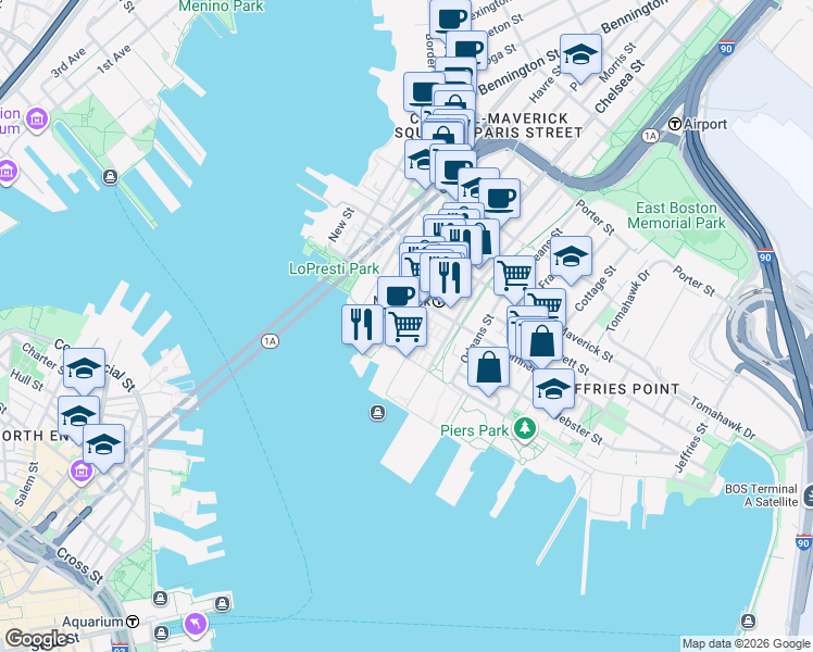 map of restaurants, bars, coffee shops, grocery stores, and more near 14 Clipper Ship Lane in Boston