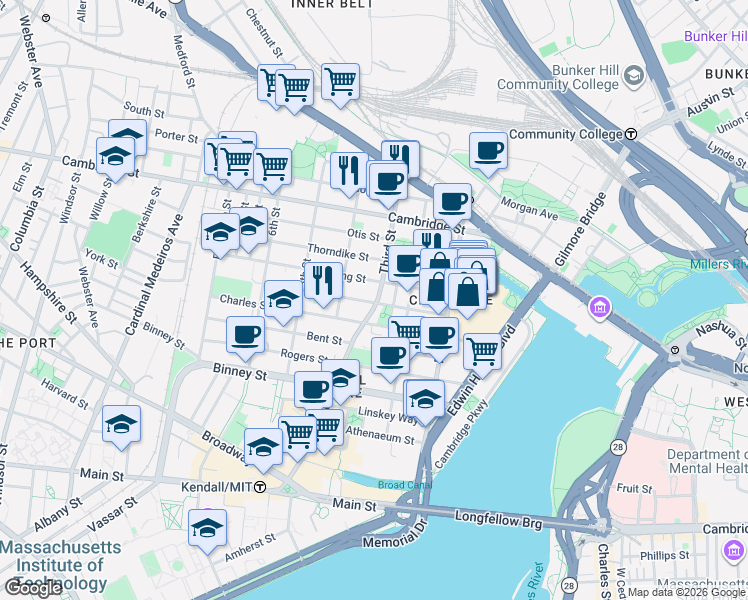 map of restaurants, bars, coffee shops, grocery stores, and more near 54 Spring Street in Cambridge