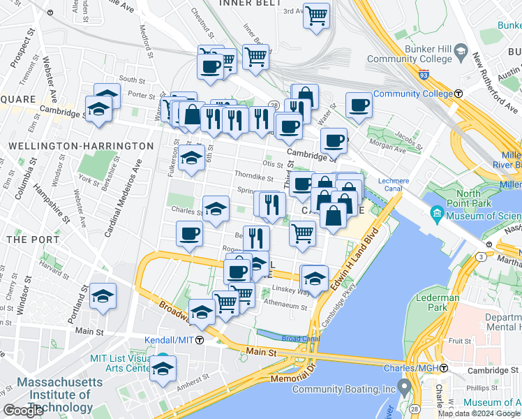 map of restaurants, bars, coffee shops, grocery stores, and more near 100 Sciarappa Street in Cambridge
