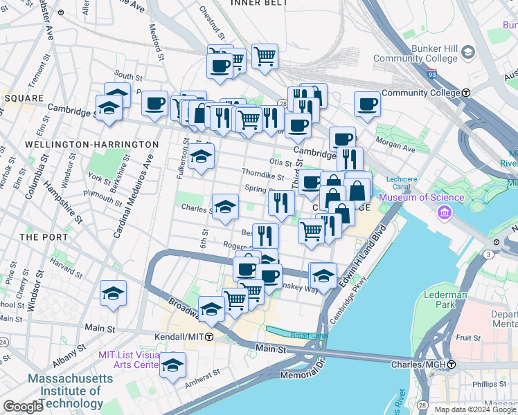 map of restaurants, bars, coffee shops, grocery stores, and more near 100 Sciarappa Street in Cambridge