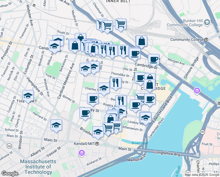 map of restaurants, bars, coffee shops, grocery stores, and more near 123 Spring Street in Cambridge