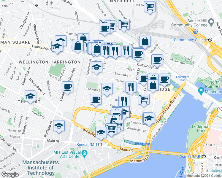 map of restaurants, bars, coffee shops, grocery stores, and more near 123 Spring Street in Cambridge