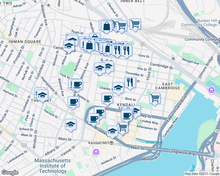 map of restaurants, bars, coffee shops, grocery stores, and more near 158 Spring Street in Cambridge
