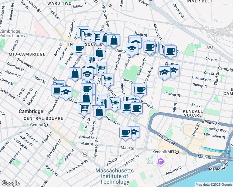 map of restaurants, bars, coffee shops, grocery stores, and more near in Cambridge