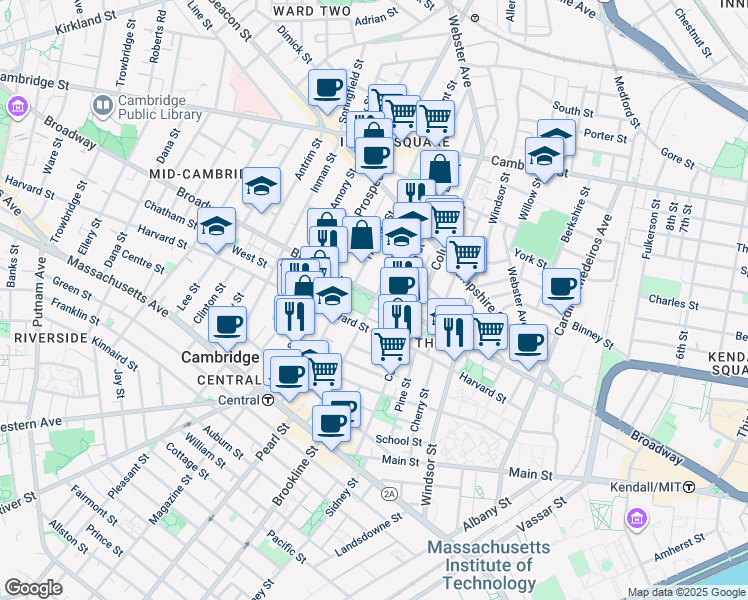 map of restaurants, bars, coffee shops, grocery stores, and more near 198-200 Norfolk Street in Cambridge