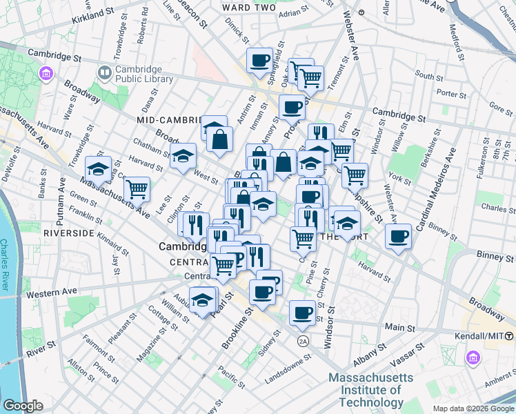 map of restaurants, bars, coffee shops, grocery stores, and more near 149 Prospect Street in Cambridge
