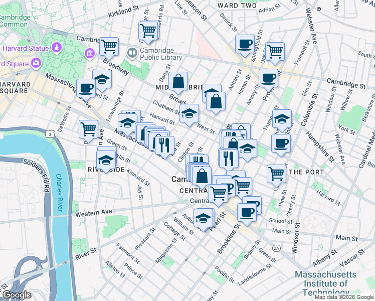 map of restaurants, bars, coffee shops, grocery stores, and more near in Cambridge