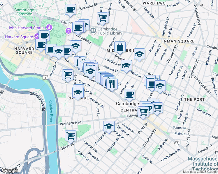 map of restaurants, bars, coffee shops, grocery stores, and more near 929 Massachusetts Avenue in Cambridge