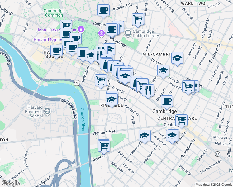 map of restaurants, bars, coffee shops, grocery stores, and more near 629 Green Street in Cambridge