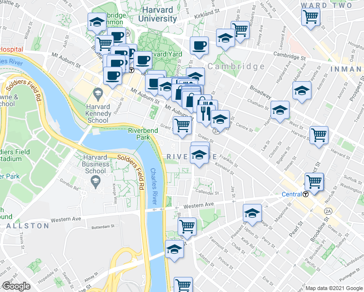 map of restaurants, bars, coffee shops, grocery stores, and more near 69 Bank Avenue in Cambridge